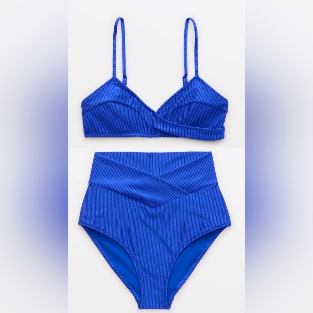 NWT Aerie FULL SET Shine Rib Twist Scoop + High Waist Crossover Bottom Blue - L